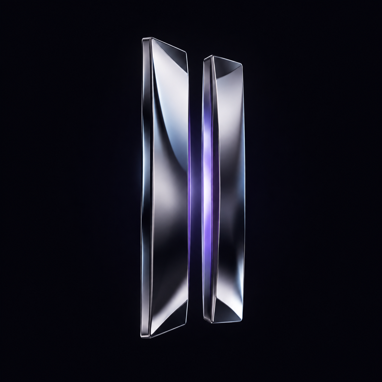 Two sculpted silver blades illuminated by a violet glow, Iridium's abstract brand artwork